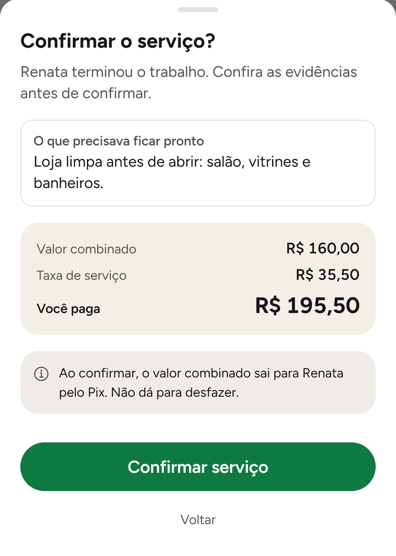 Tela do app: confirmar o serviço, com o valor combinado de R$ 160, a taxa e o total de R$ 195,50